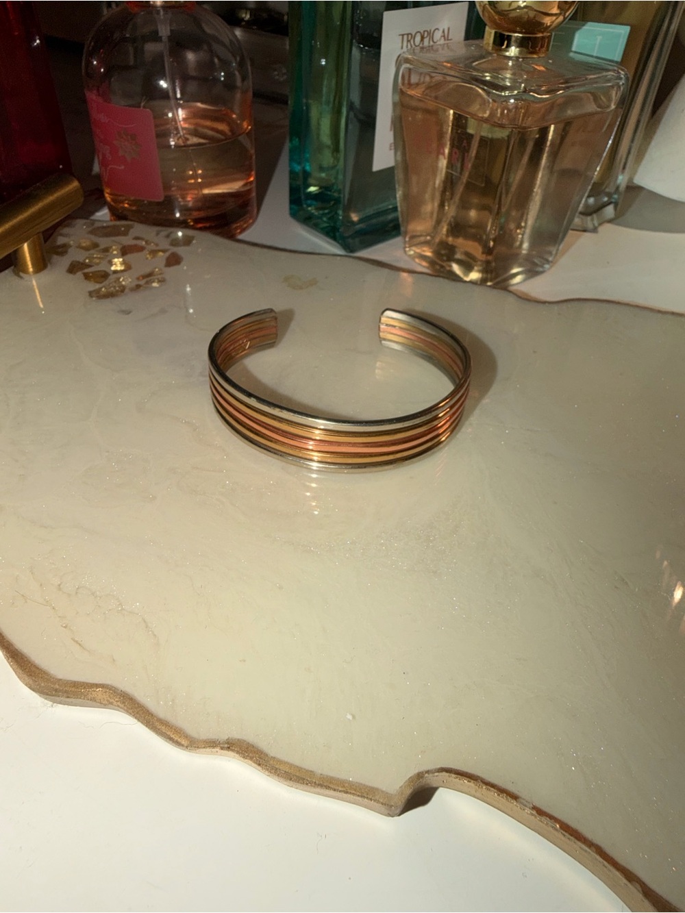 Multi-Tone Striped Open Cuff Bracelet in Gold and Rose Gold